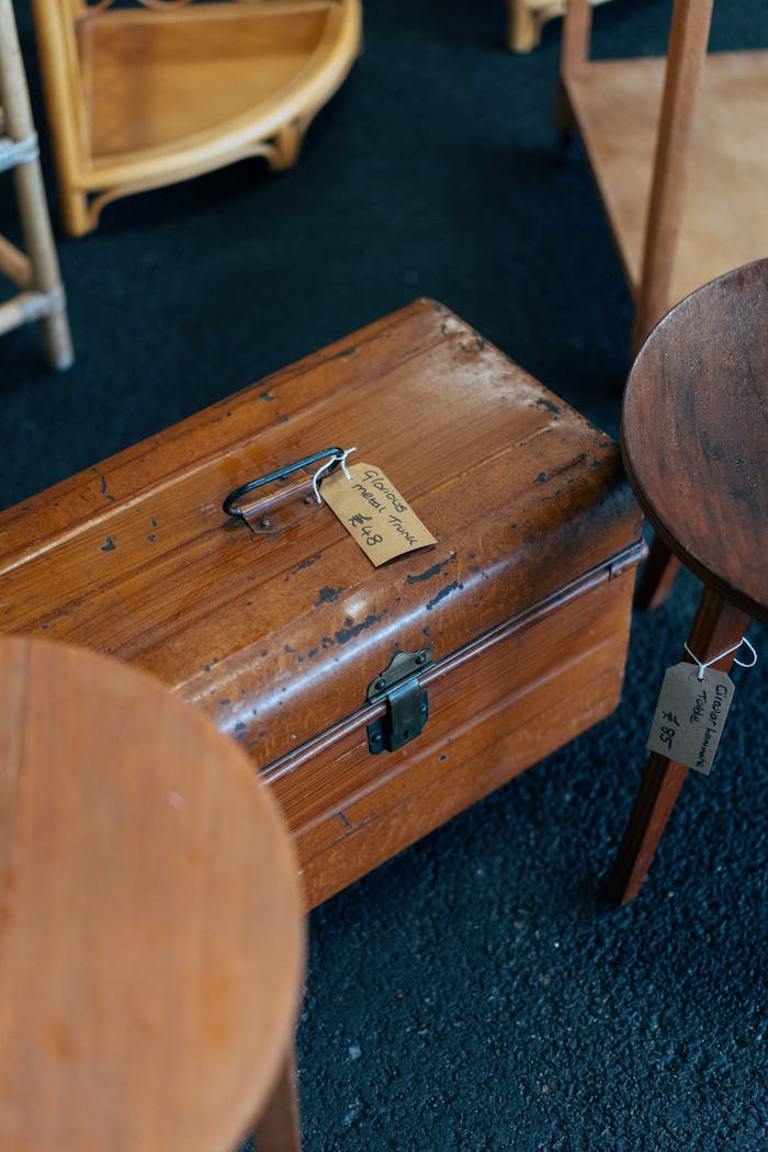 A rustic wooden trunk and round wooden stools displayed at a flea market in London, UK.